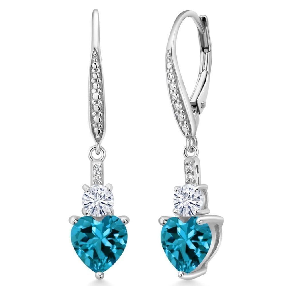 925 Sterling Silver 3.69 Cttw London Blue Topaz and Moissanite Heart Earrings